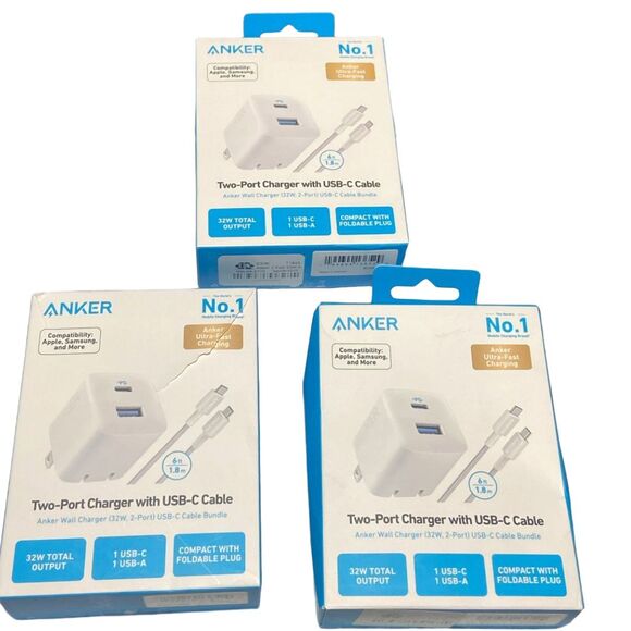 Anker 33W 2‑Port USB‑C Wall Charger + 6ft Cable White Lot of 3 NEW Box Wear - Picture 3 of 10